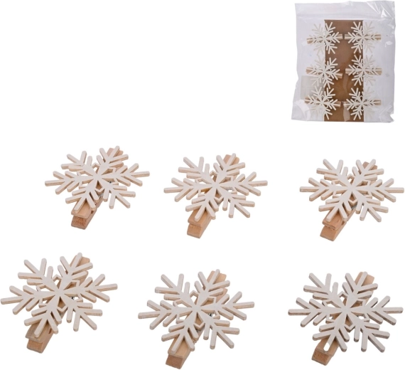 Mollette decorative in legno con fiocco di neve bianco, 6 pz