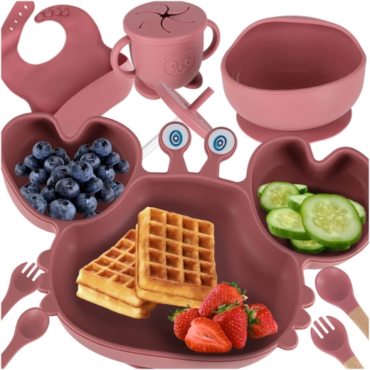 Set da pranzo in silicone per bambini a forma di granchio, rosa - 9 pezzi