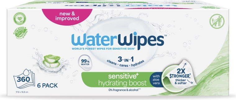 WaterWipes salviettine umidificate idratanti con aloe vera 3 in 1 6×60 pz (360 pz)