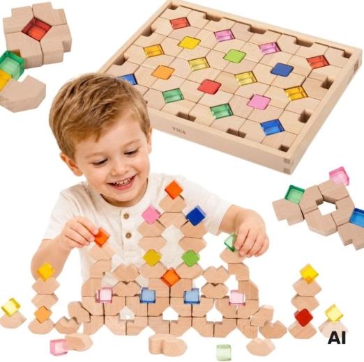VIGA blocchi da costruzione in legno con elementi acrilici per il gioco con la luce 66 pz