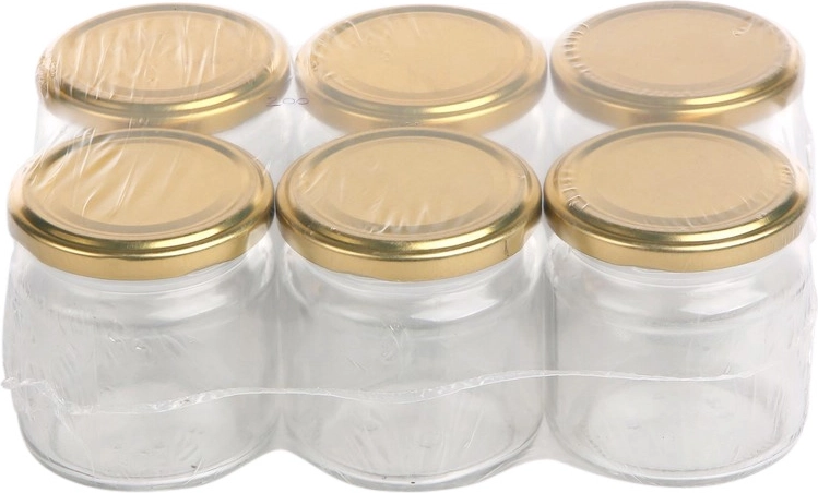 Set da 6 vasetti in vetro per conserve da 200 ml con coperchi dorati da 66 mm