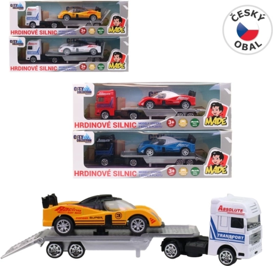 Camion trasportatore di auto con auto da corsa 18 cm