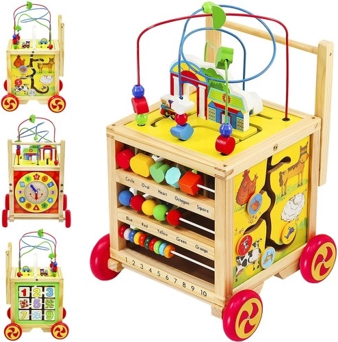Girello e cubo educativo in legno per bambini
