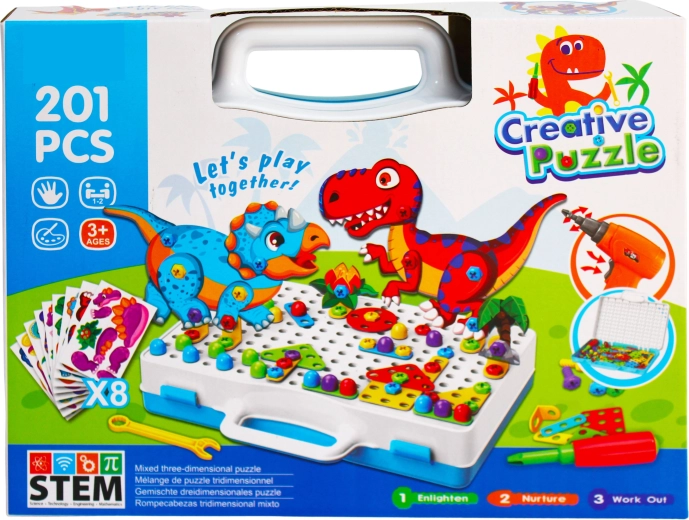 Set di costruzioni creativo con dinosauri e trapano elettrico Creative Puzzle (201 pezzi)