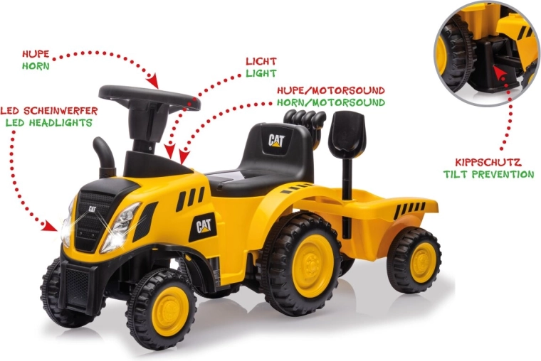 Trattore cavalcabile CAT per bambini con rimorchio 2 in 1 giallo
