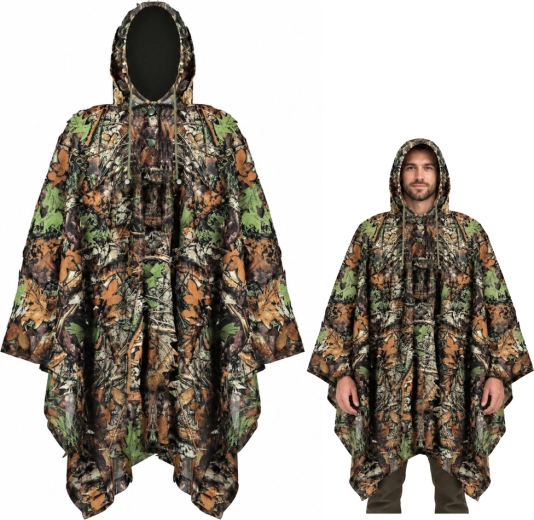 Poncho mimetico 3D con cappuccio, motivo mimetico forestale, 130 × 110 cm