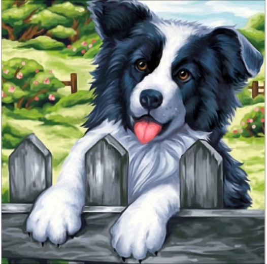 Ricamo con diamanti (diamond painting) quadro «Cane sul recinto» 30 × 30 cm - 1 pezzo