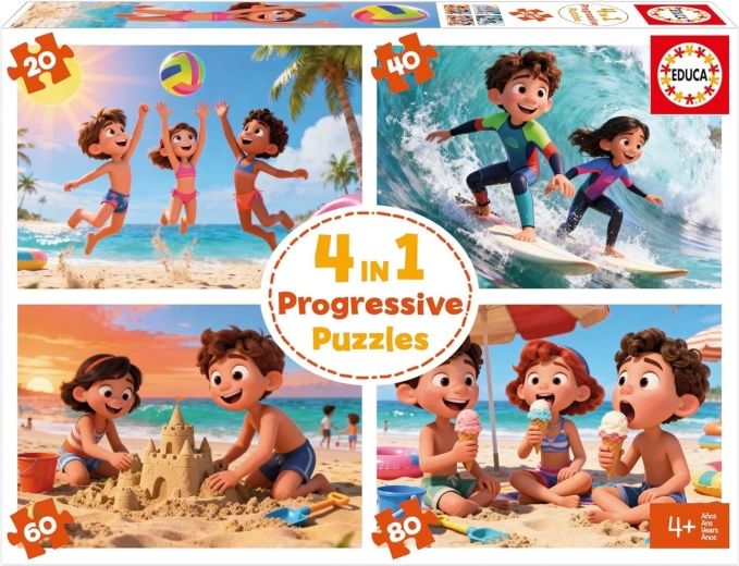 Puzzle per bambini EDUCA Spiaggia 4 in 1 – composizione progressiva (20–80 pezzi)