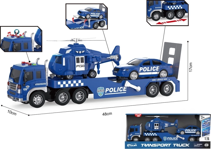 Carro attrezzi della polizia 1:16 con luci, suoni, auto ed elicottero