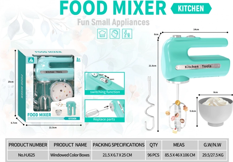 Frullatore giocattolo per bambini con fruste rotanti e accessori