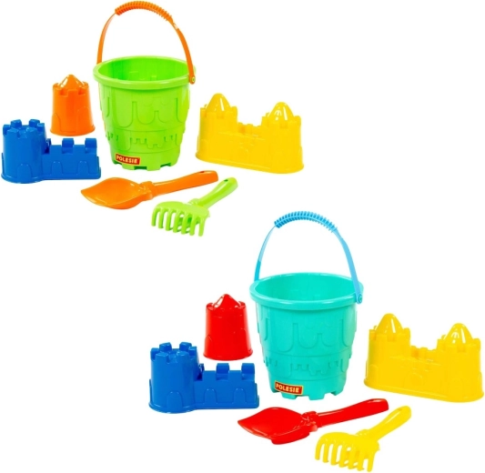 Set per bambini per la sabbia castello – secchiello, paletta, rastrello e formine