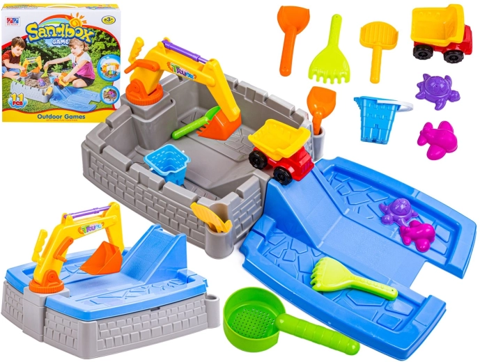 Sabbiiera portatile per bambini a forma di castello con escavatore, vaschetta e scivolo – set con accessori