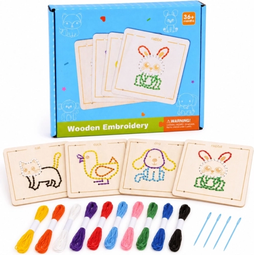 Prolacciatrice Montessori in legno per bambini – set di 4 animaletti con filo da ricamo