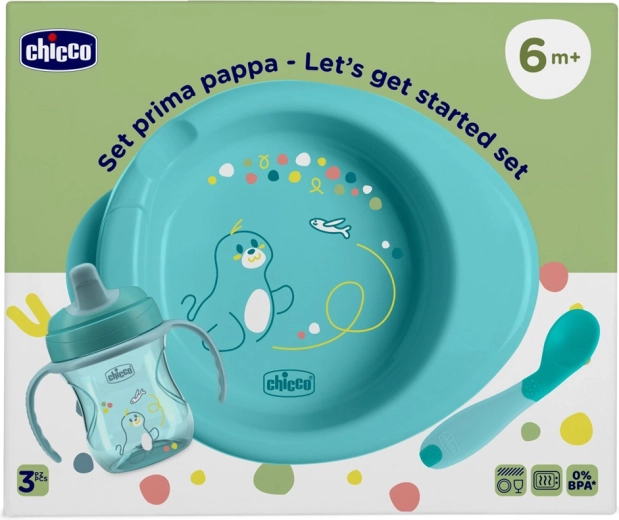 Chicco set iniziale per la pappa – piatto, tazza di apprendimento e cucchiaino blu 6m+