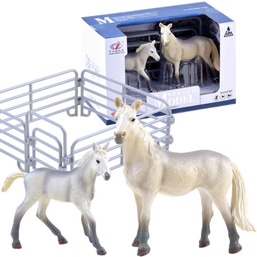 Set di figure di cavallo e puledro con recinto – Bianco