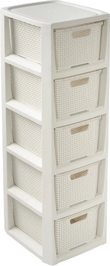Scaffale contenitore in rattan con 5 cassetti bianco 80 cm