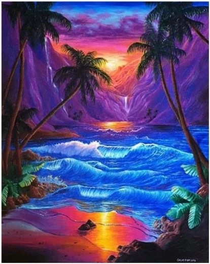 Pittura con diamanti Tramonto sotto le palme 30 × 40 cm