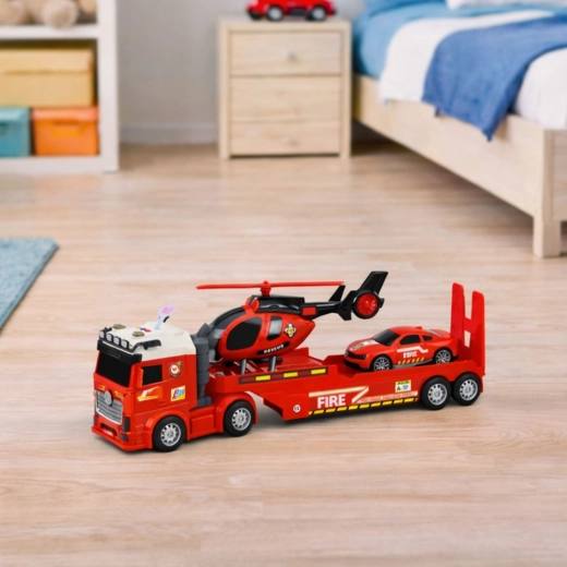 Camion con rimorchio pianale e rampa ribaltabile