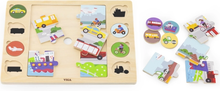 Viga puzzle in legno con abbinamento delle ombre – mezzi di trasporto