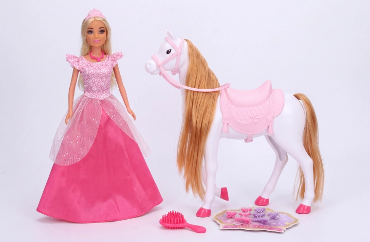 Cavallo rosa con bambola 26 cm