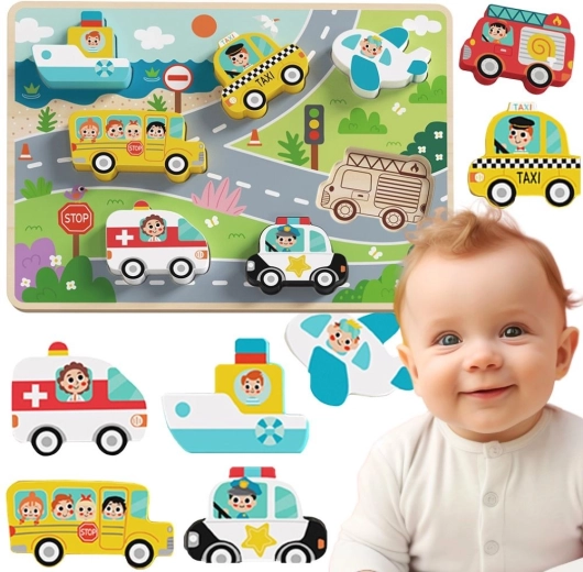 Puzzle a incastro in legno mezzi di trasporto Tooky Toy