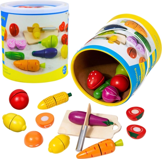 Set in legno di frutta e verdura da tagliare con tagliere, coltello e secchiello