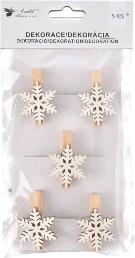 Mini mollette decorative in legno Fiocco di neve bianche 5 pz