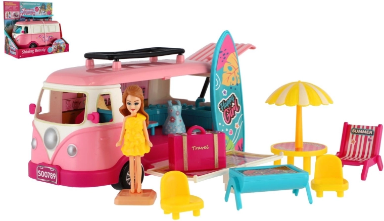Camper rosa per bambini con surf e accessori