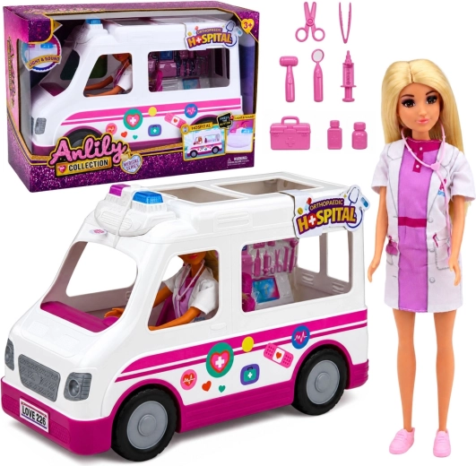 Bambola Anlily dottoressa con ambulanza con luci e suoni