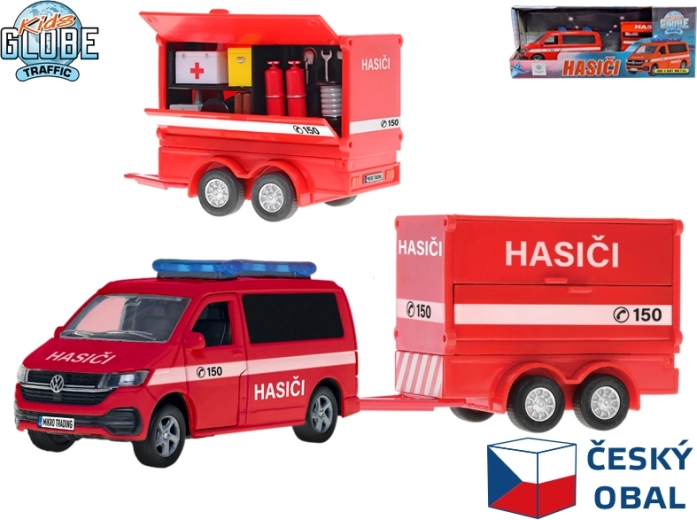 Kids Globe Traffic furgone dei vigili del fuoco Volkswagen con rimorchio, design ceco