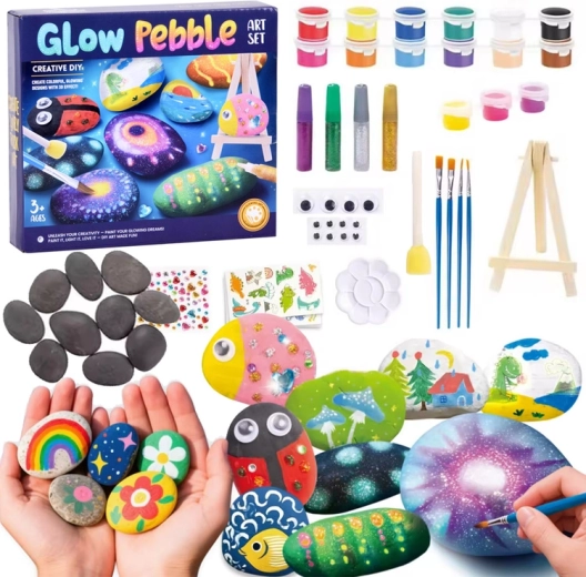 Set fai-da-te per dipingere sassi con colori fosforescenti e decorazioni