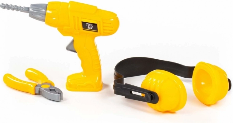 Set di attrezzi per bambini – trapano, protezioni uditive e pinze (giallo)