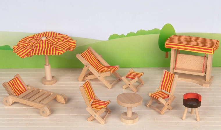 Mobili da giardino per casa delle bambole – altalena e accessori (9 pezzi)
