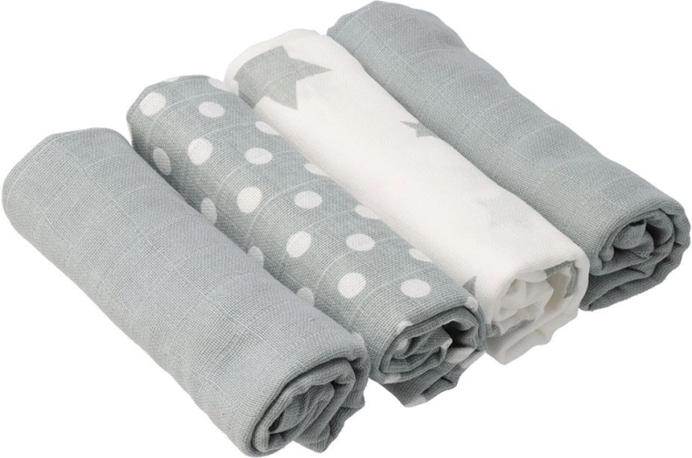 Pannolini in mussola di cotone NEW BABY Softy con stampa 70 × 70 cm, 4 pz, grigio-bianco