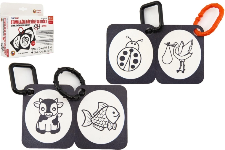 Carte stimolanti in legno per riconoscere gli animali, bianco e nero, in scatola