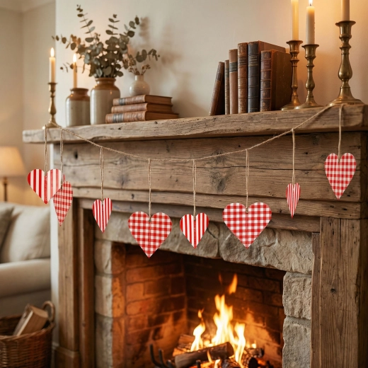Ghirlanda di carta con cuori a quadri rosso e bianchi, 2 m