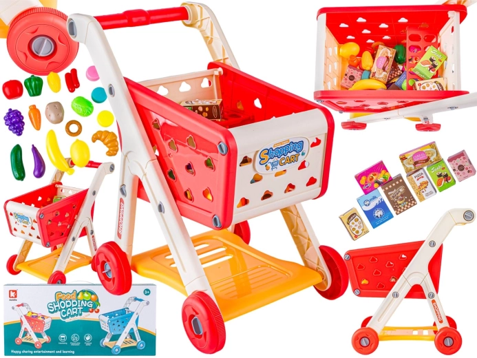 Carrello della spesa per bambini da supermercato rosso con accessori (frutta e verdura)