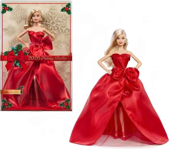 Bambola da collezione festiva Barbie Signature 2026 bionda in abito rosso