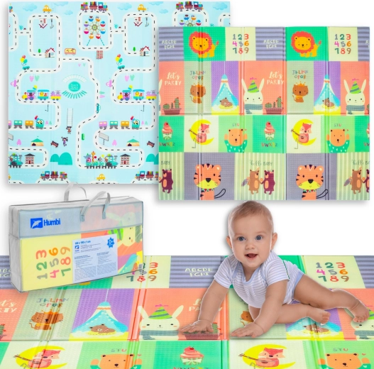 Humbi tappetino pieghevole bifacciale in schiuma per bambini 180 × 150 × 1 cm con animali e strade