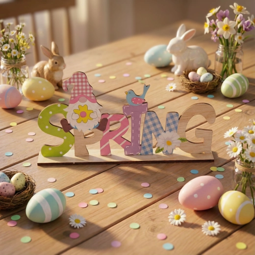 Decorazione da tavolo primaverile in legno con folletto