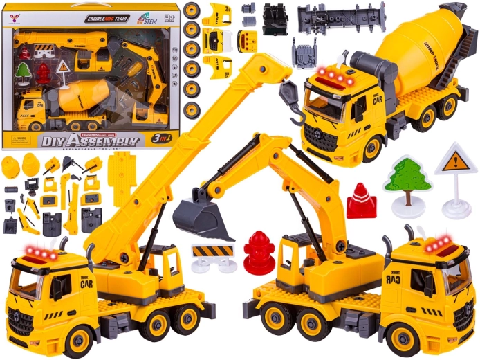 Camion smontabile da cantiere 3 in 1 – betoniera, escavatore e gru con gancio - 1 pezzo