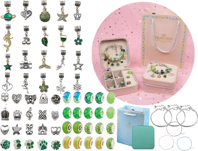 Set per la creazione di gioielli e braccialetti con perline e ciondoli in tonalità di verde + astuccio