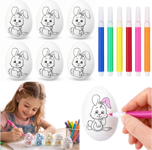 Uova di Pasqua in polistirolo da colorare con coniglietto e pennarelli - 6 pezzi