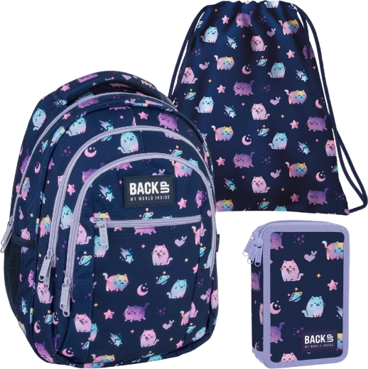 Set scolastico BackUP Violet Kittens 3 in 1 – zaino, astuccio completo e sacca