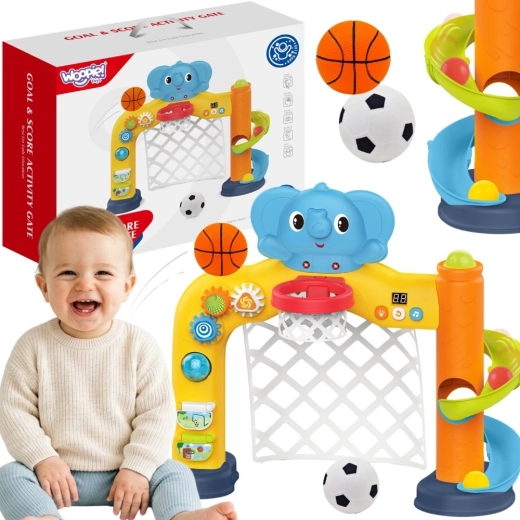 Woopie baby centro sportivo interattivo 2 in 1 – porta e canestro da basket con elefantino