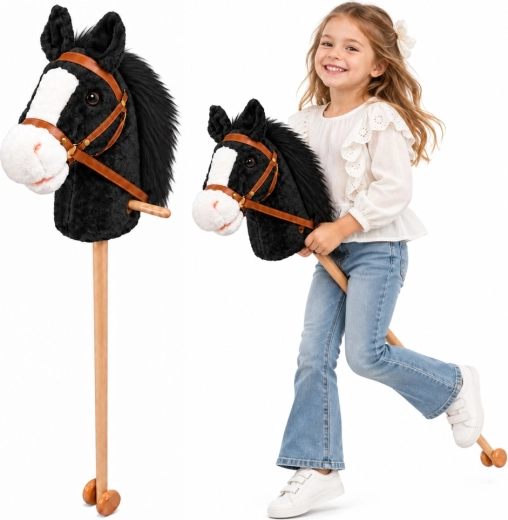 Hobby Horse cavallo bianco e nero su bastone con ruote e suono del galoppo, 100 cm