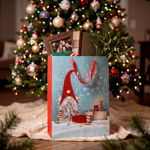Borsa regalo natalizia con elfo e glitter 31 × 42 × 12 cm - 1 pezzo