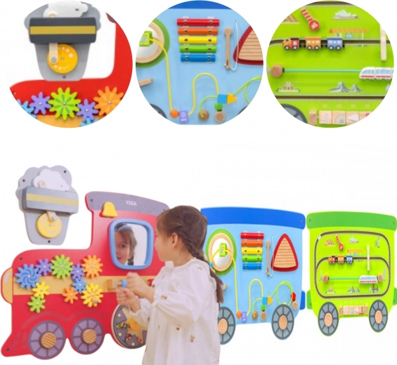 Pannello manipolativo da parete in legno a forma di treno VIGA