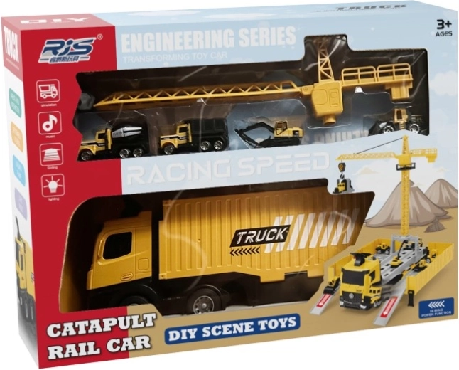 Camion trasformabile con gru e veicoli da cantiere
