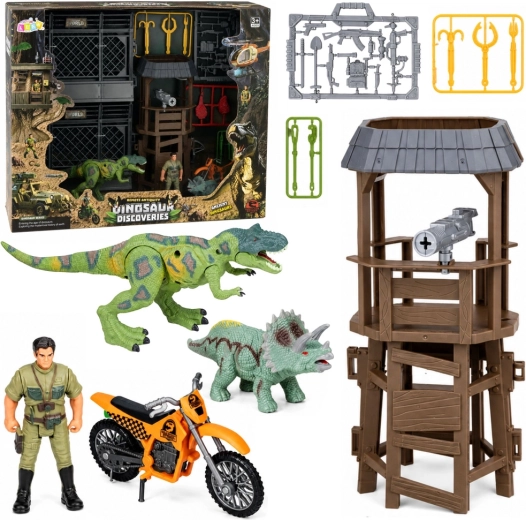 Base di ricerca sui dinosauri con torre, gabbie, personaggi e accessori